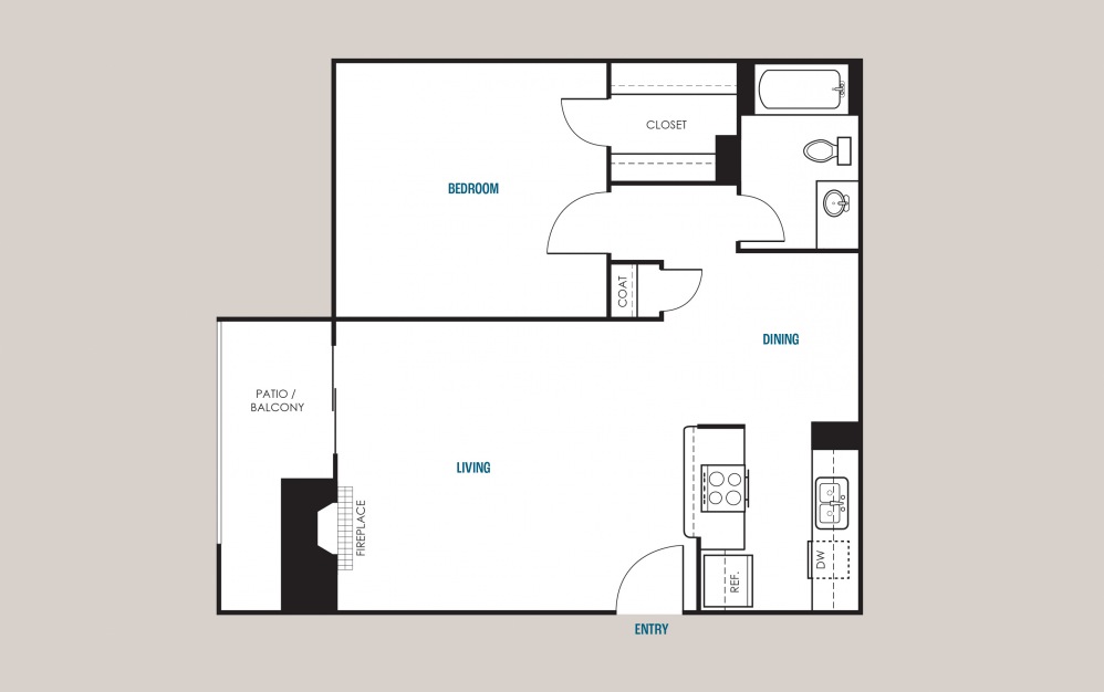 A1 - 1 bedroom floorplan layout with 1 bath and 594 square feet.