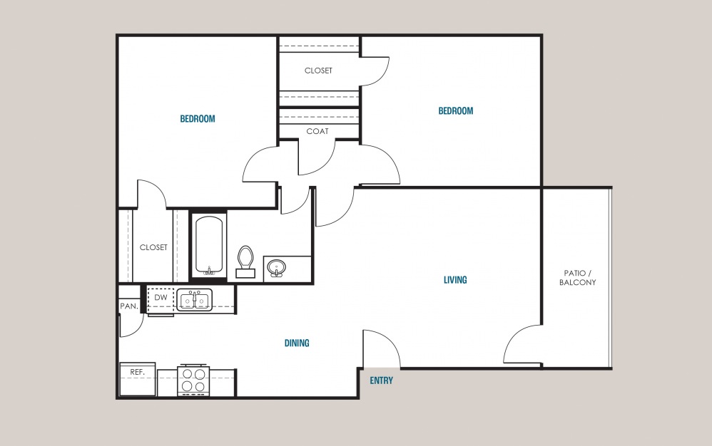 B1 - 2 bedroom floorplan layout with 2 baths and 810 square feet.