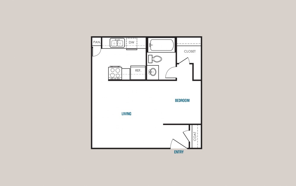 E1 - Studio floorplan layout with 1 bath and 426 square feet.