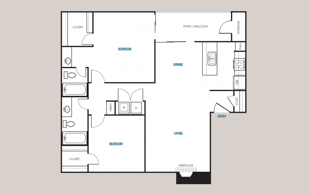 B2 - 2 bedroom floorplan layout with 2 baths and 1012 square feet.