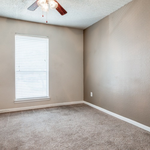 Large well lit bedroom with plush carpets and large windows 